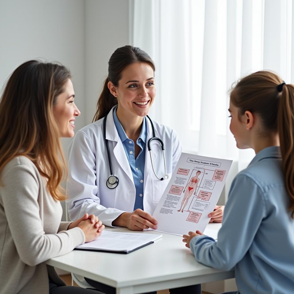 Một nữ bác sĩ chuyên khoa nhi đang ân cần tư vấn về vấn đề dậy thì sớm cho một gia đình, giải thích nguyên nhân và cách xử lý.