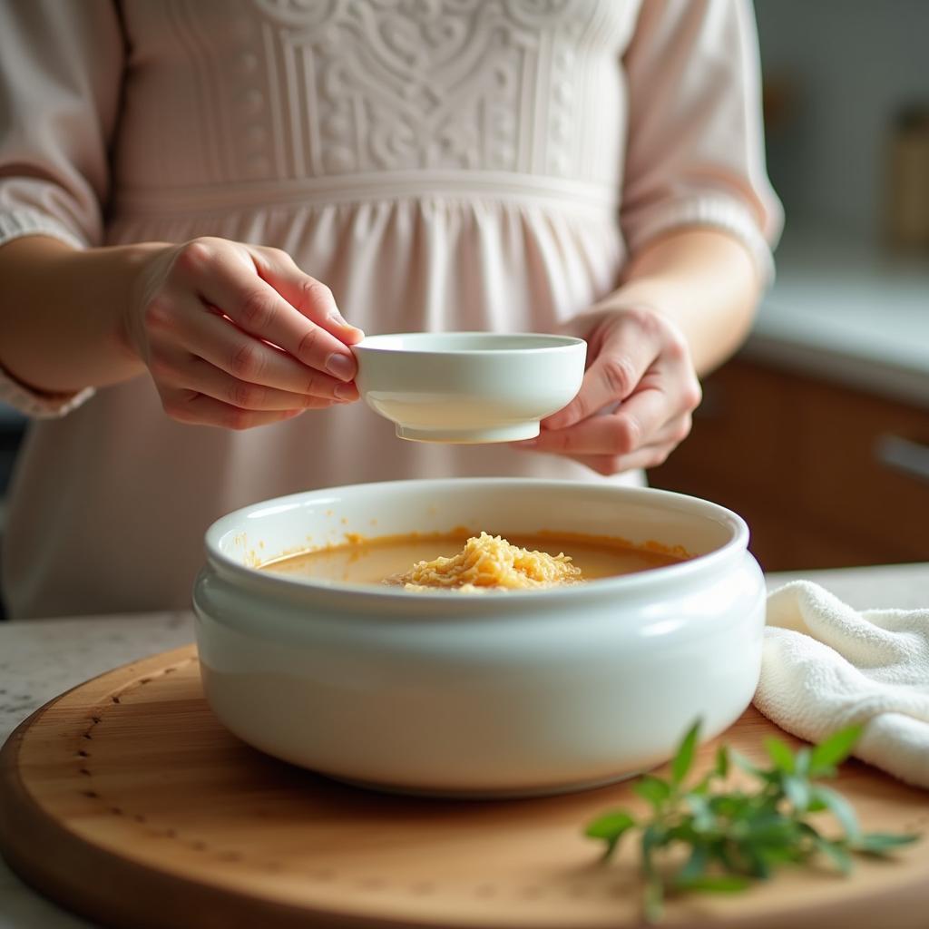 Mẹ đang cẩn thận chưng yến sào cho bé, đảm bảo đúng liều lượng và an toàn vệ sinh