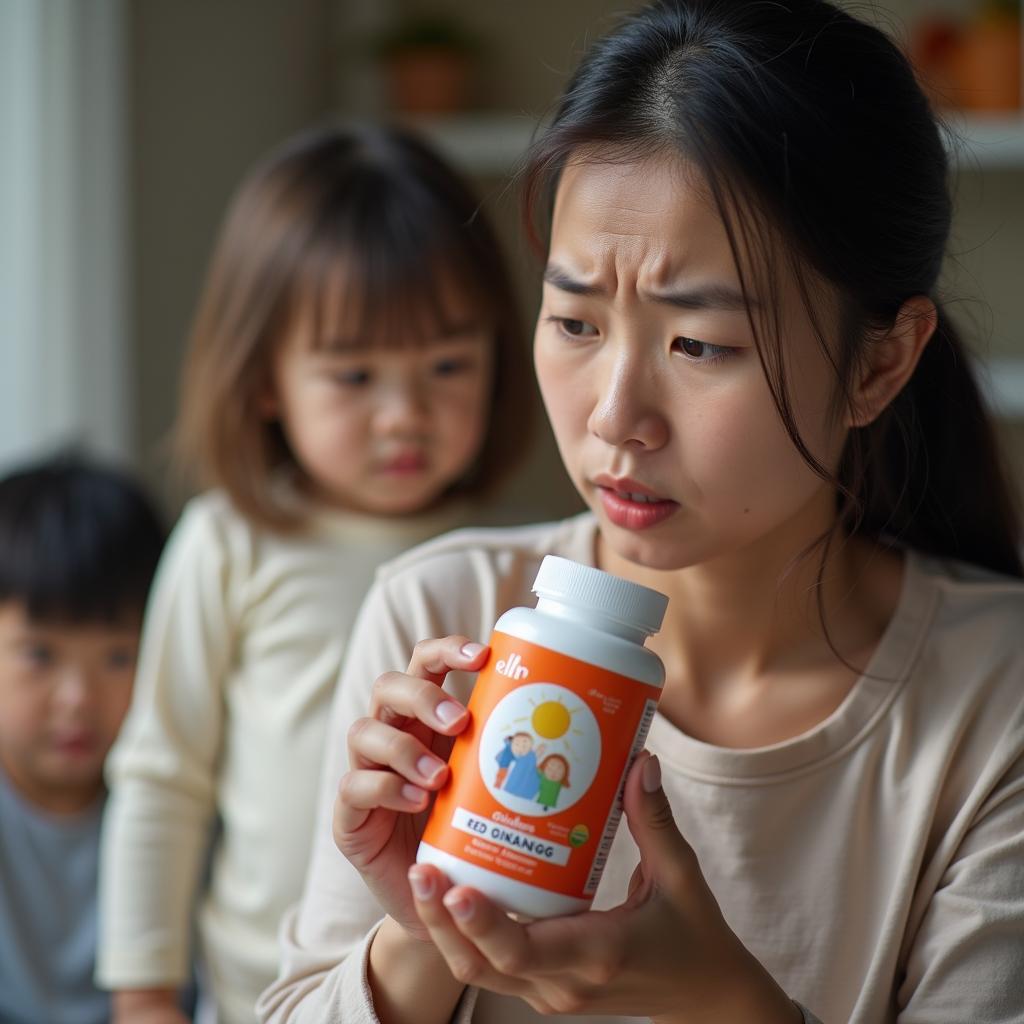 Một bà mẹ châu Á đang nhìn vào chai hồng sâm cho trẻ em với vẻ mặt lo lắng, câu hỏi trẻ uống hồng sâm có bị dậy thì sớm không hiện lên trong suy nghĩ.